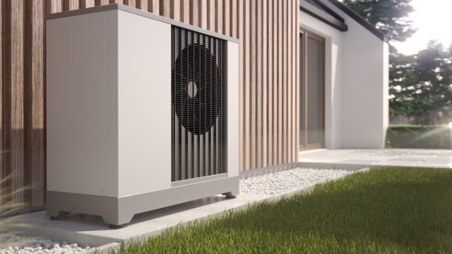 Air heat pump beside house, 3D illustration